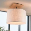 LED Deckenleuchte mit Stoffschirm in Beige und Naturholz Sockel, Ø 36cm