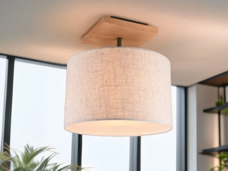 LED Deckenleuchte mit Stoffschirm in Beige und Naturholz Sockel, Ø 36cm