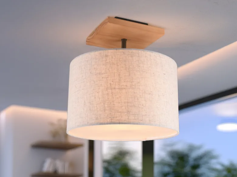 LED Deckenleuchte mit Stoffschirm in Beige und Naturholz Sockel, Ø 36cm