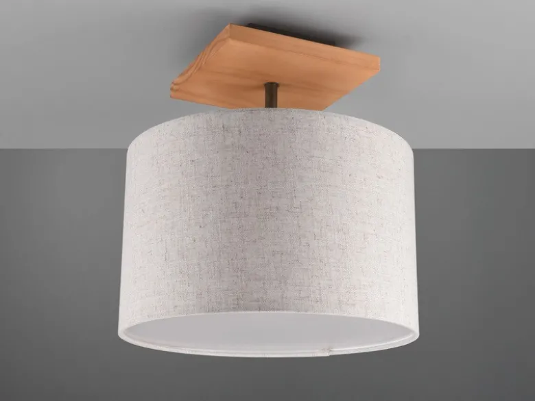 LED Deckenleuchte mit Stoffschirm in Beige und Naturholz Sockel, Ø 36cm