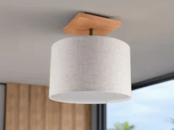 LED Deckenleuchte mit Stoffschirm in Beige und Naturholz Sockel, Ø 36cm