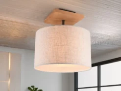 LED Deckenleuchte mit Stoffschirm in Beige und Naturholz Sockel, Ø 36cm