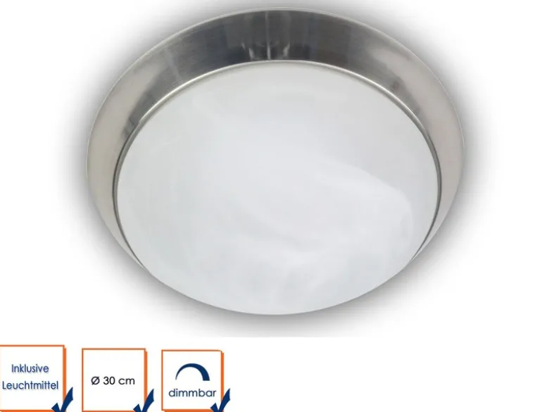 LED Deckenleuchte rund, Glas Alabaster, Dekorring Nickel matt, Ø 30cm