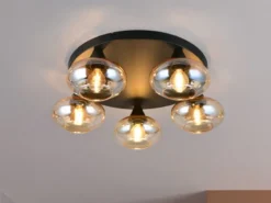LED Deckenleuchte rund mit 5 Glas Lampenschirmen Bernsteinfarbig, Ø 49cm
