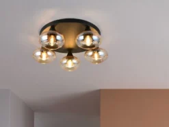 LED Deckenleuchte rund mit 5 Glas Lampenschirmen Bernsteinfarbig, Ø 49cm