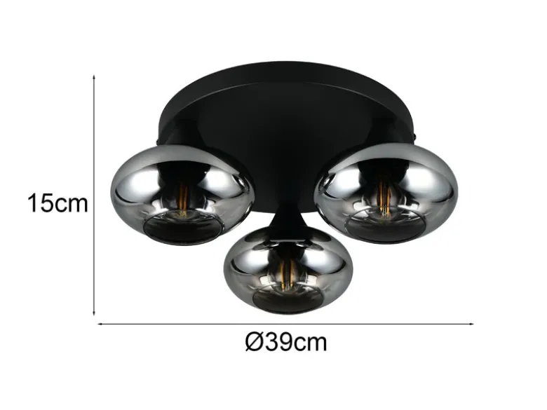 LED Deckenleuchte rund mit 3 Rauchglas Lampenschirmen, Ø 39cm