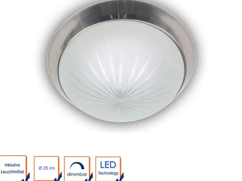 LED-Deckenleuchte rund, Schliffglas satiniert, Dekorring Nickel matt, Ø 25cm