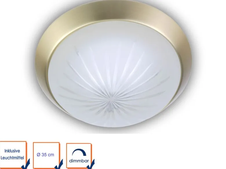 LED Deckenleuchte rund, Schliffglas satiniert, Dekorring Messing matt, Ø 35cm