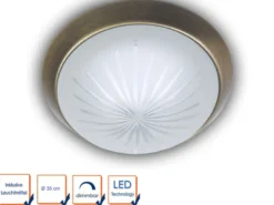 LED-Deckenleuchte rund, Schliffglas satiniert, Dekorring Altmessing, Ø 35cm