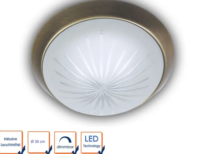 LED-Deckenleuchte rund, Schliffglas satiniert, Dekorring Altmessing, Ø 35cm