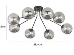 LED Deckenleuchte Schwarz mit 8 Glaskugeln Rauchglas, Breite 88cm
