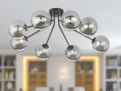 LED Deckenleuchte Schwarz mit 8 Glaskugeln Rauchglas, Breite 88cm