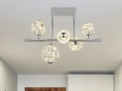 LED Deckenleuchte VIRINA 5-flammig Silber mit Kristall Glaskugeln, Breite 61cm