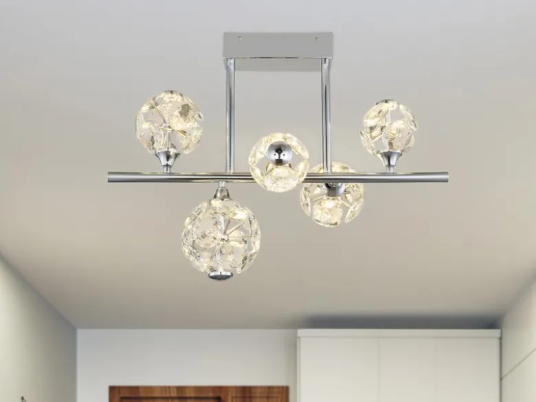 LED Deckenleuchte VIRINA 5-flammig Silber mit Kristall Glaskugeln, Breite 61cm