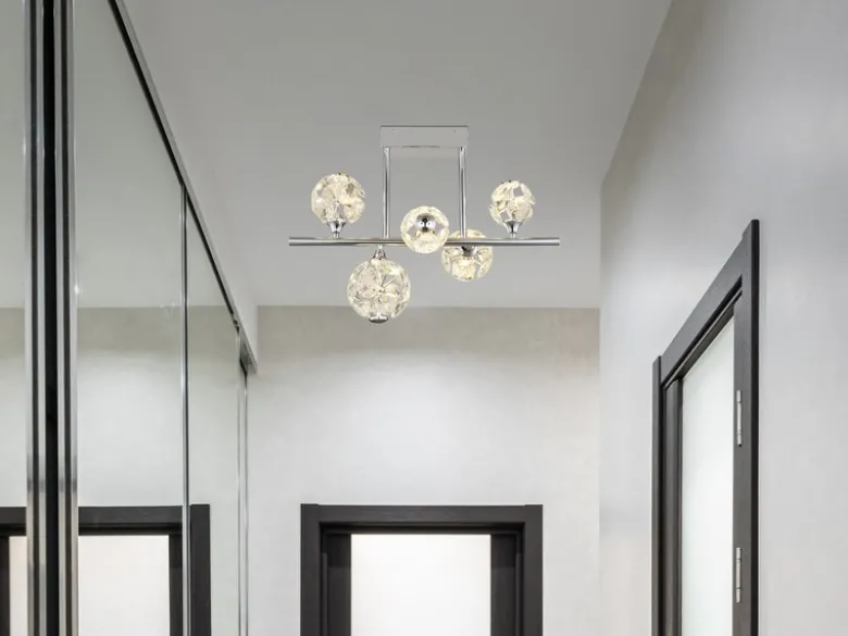 LED Deckenleuchte VIRINA 5-flammig Silber mit Kristall Glaskugeln, Breite 61cm