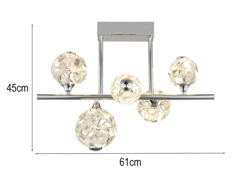 LED Deckenleuchte VIRINA 5-flammig Silber mit Kristall Glaskugeln, Breite 61cm