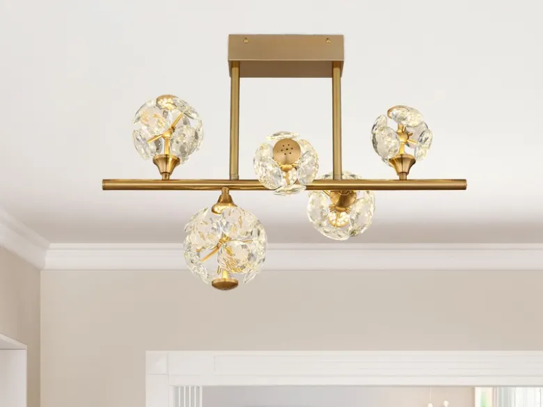 LED Deckenleuchte VIRINA 5-flammig Gold mit Kristall Glaskugeln, Breite 61cm