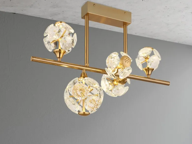 LED Deckenleuchte VIRINA 5-flammig Gold mit Kristall Glaskugeln, Breite 61cm