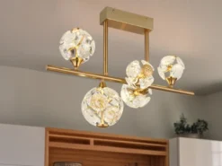 LED Deckenleuchte VIRINA 5-flammig Gold mit Kristall Glaskugeln, Breite 61cm