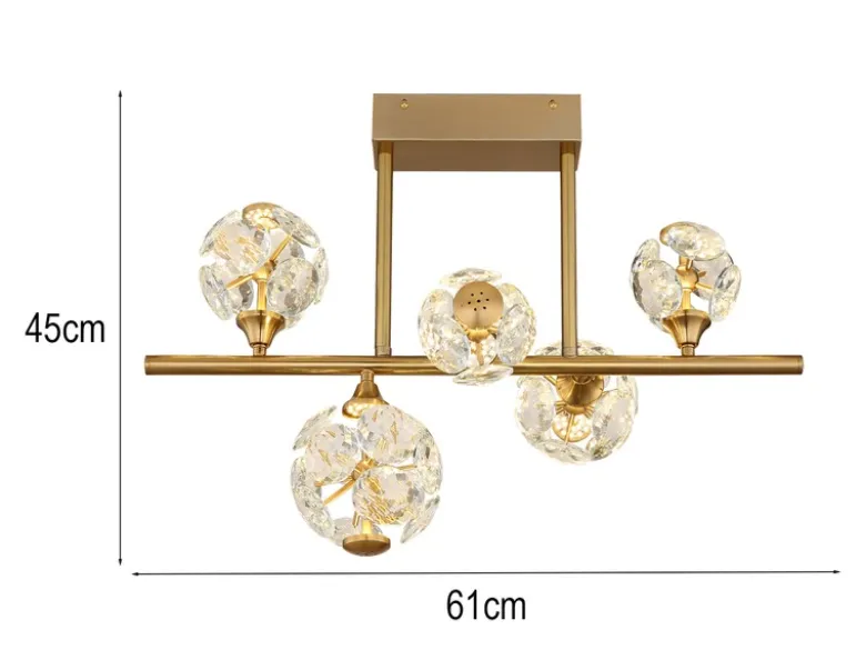 LED Deckenleuchte VIRINA 5-flammig Gold mit Kristall Glaskugeln, Breite 61cm