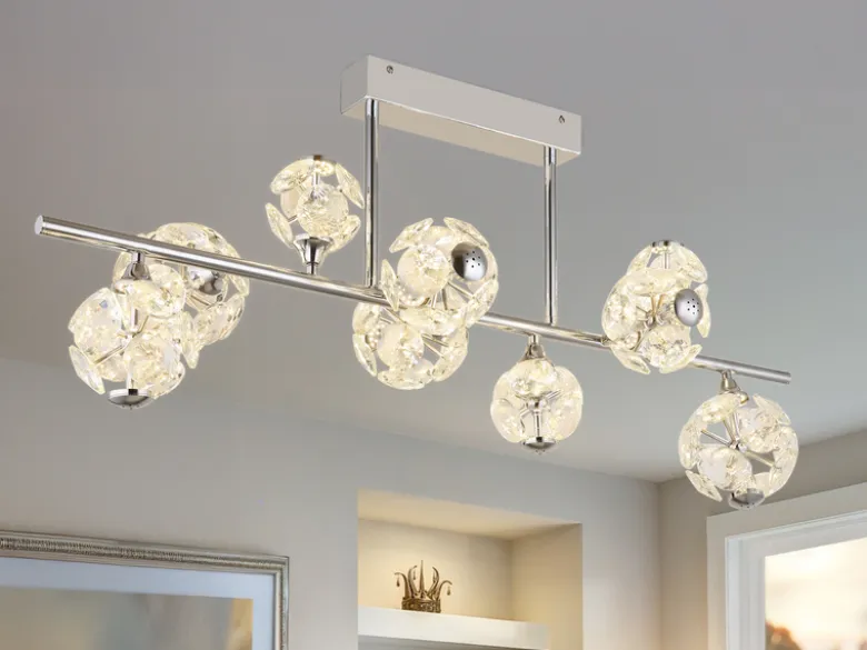 LED Deckenleuchte VIRINA 9-flammig Silber mit Kristall Glaskugeln, Breite 101cm