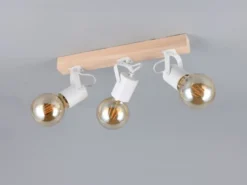 LED Deckenstrahler 3-flammig aus Metall Weiß mit Naturholz, Breite 42cm