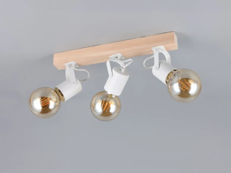 LED Deckenstrahler 3-flammig aus Metall Weiß mit Naturholz, Breite 42cm