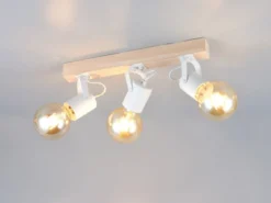 LED Deckenstrahler 3-flammig aus Metall Weiß mit Naturholz, Breite 42cm