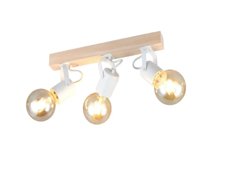 LED Deckenstrahler 3-flammig aus Metall Weiß mit Naturholz, Breite 42cm