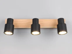 LED Deckenstrahler 3-flammig aus Metall in Schwarz mit Holz, Breite 46cm