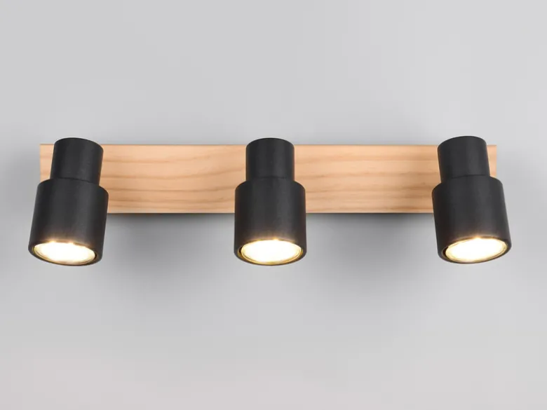 LED Deckenstrahler 3-flammig aus Metall in Schwarz mit Holz, Breite 46cm