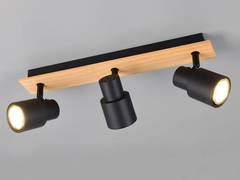 LED Deckenstrahler 3-flammig aus Metall in Schwarz mit Holz, Breite 46cm