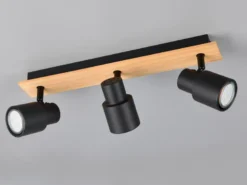LED Deckenstrahler 3-flammig aus Metall in Schwarz mit Holz, Breite 46cm