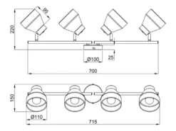 LED Deckenstrahler 4-flammig aus Metall Weiß innen Gold, Breite 71cm
