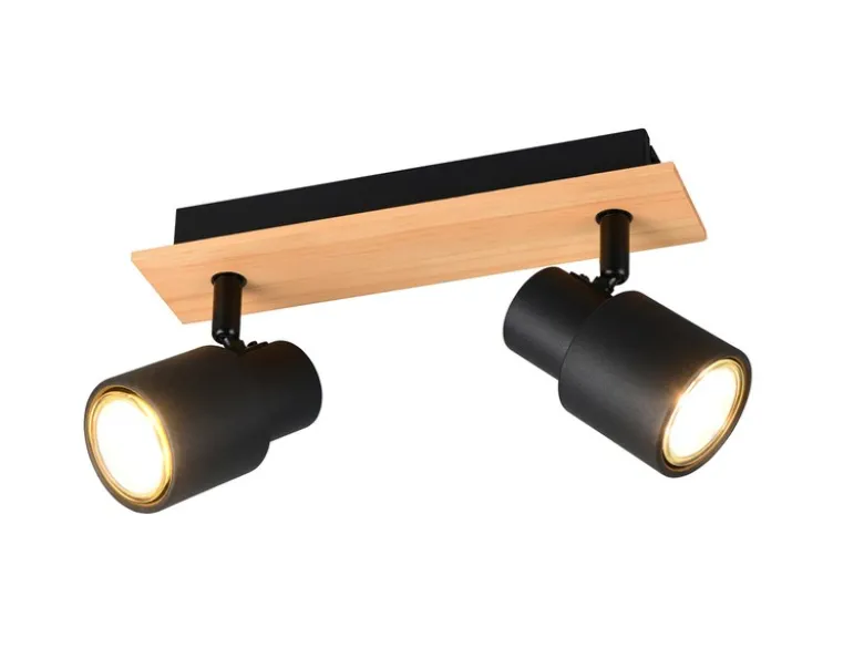LED Deckenstrahler 2-flammig aus Metall in Schwarz mit Holz, Breite 31cm