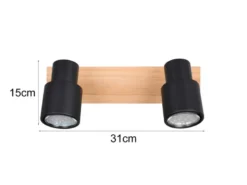 LED Deckenstrahler 2-flammig aus Metall in Schwarz mit Holz, Breite 31cm