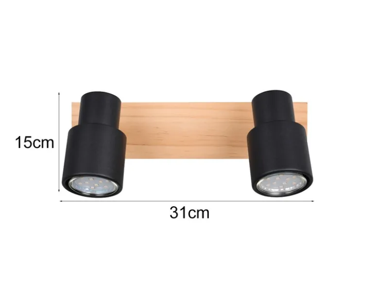 LED Deckenstrahler 2-flammig aus Metall in Schwarz mit Holz, Breite 31cm