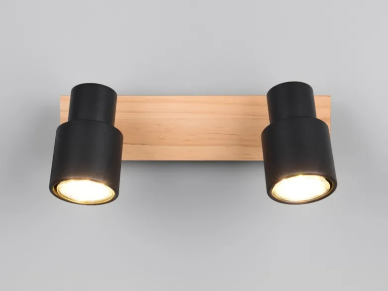 LED Deckenstrahler 2-flammig aus Metall in Schwarz mit Holz, Breite 31cm