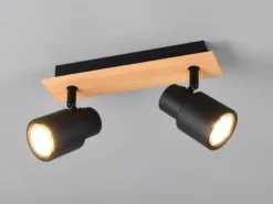 LED Deckenstrahler 2-flammig aus Metall in Schwarz mit Holz, Breite 31cm