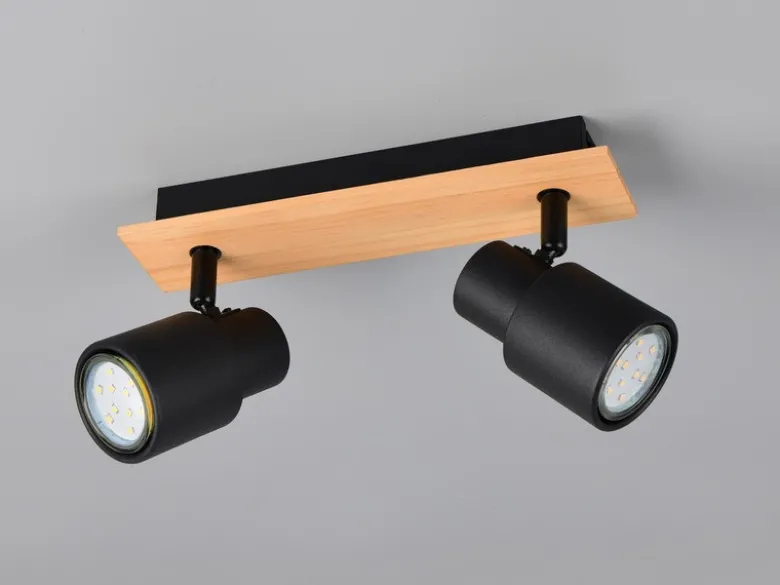 LED Deckenstrahler 2-flammig aus Metall in Schwarz mit Holz, Breite 31cm