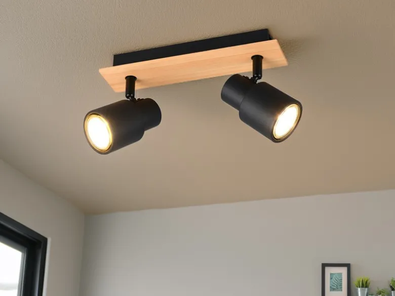 LED Deckenstrahler 2-flammig aus Metall in Schwarz mit Holz, Breite 31cm