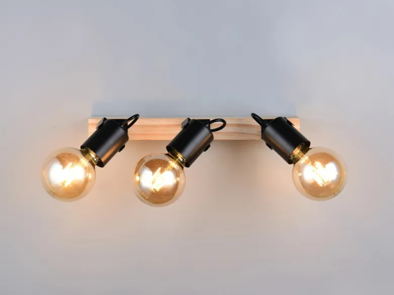 LED Deckenstrahler 3-flammig aus Metall Schwarz mit Naturholz, Breite 42cm