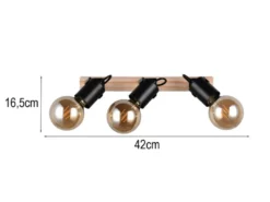LED Deckenstrahler 3-flammig aus Metall Schwarz mit Naturholz, Breite 42cm
