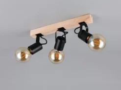 LED Deckenstrahler 3-flammig aus Metall Schwarz mit Naturholz, Breite 42cm
