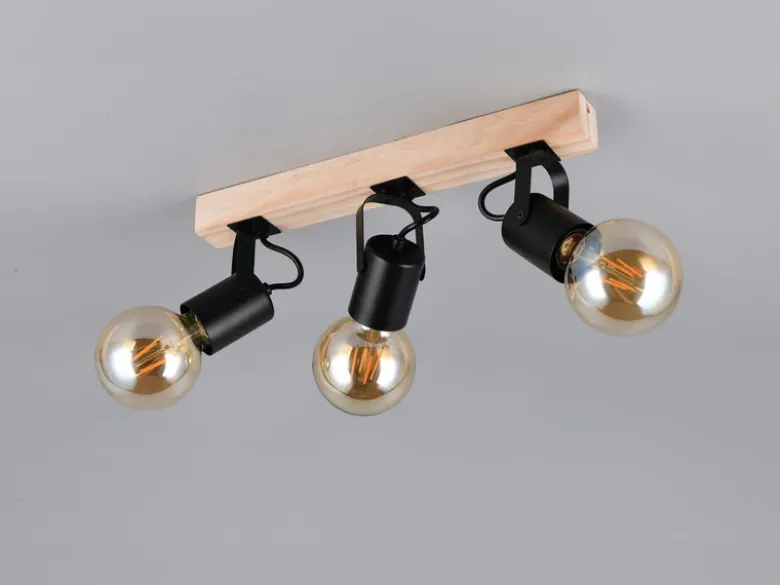 LED Deckenstrahler 3-flammig aus Metall Schwarz mit Naturholz, Breite 42cm