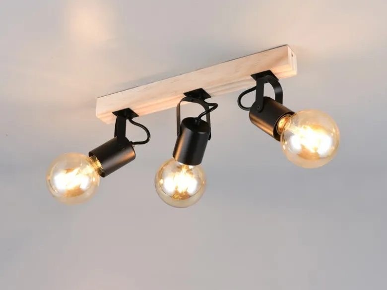 LED Deckenstrahler 3-flammig aus Metall Schwarz mit Naturholz, Breite 42cm