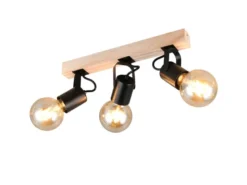 LED Deckenstrahler 3-flammig aus Metall Schwarz mit Naturholz, Breite 42cm