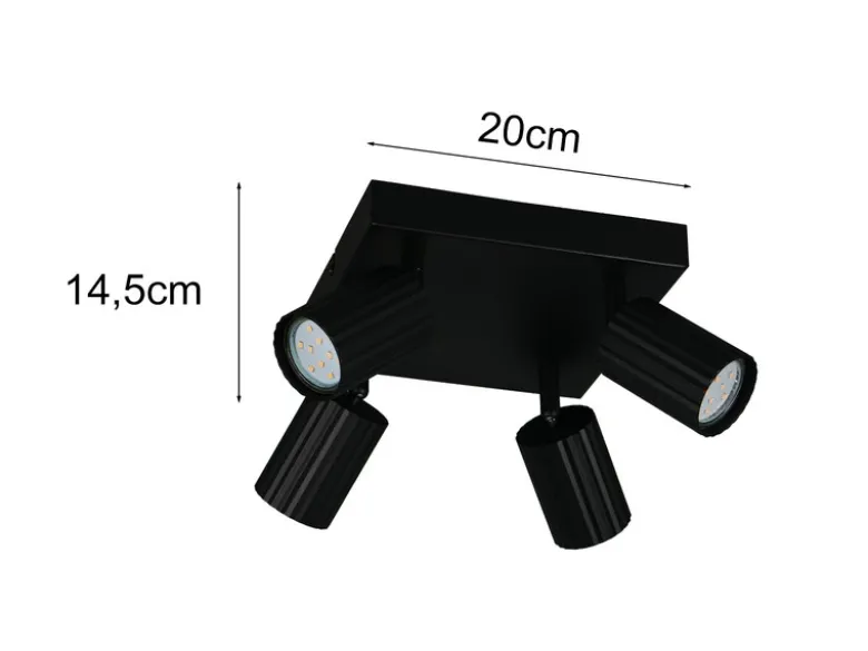 LED Deckenstrahler 4-flammig aus Metall Schwarz, Quadrat 20cm