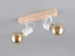 LED Deckenstrahler 2-flammig aus Metall Weiß mit Naturholz, Breite 31cm