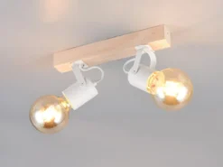 LED Deckenstrahler 2-flammig aus Metall Weiß mit Naturholz, Breite 31cm